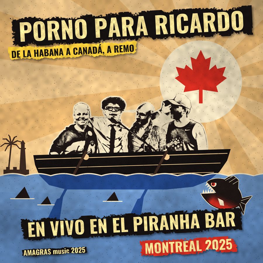 Portada de «En vivo en el Piranha Bar»: la banda en un bote de remos, de La Habana hacia un sol con forma de hoja de arce.