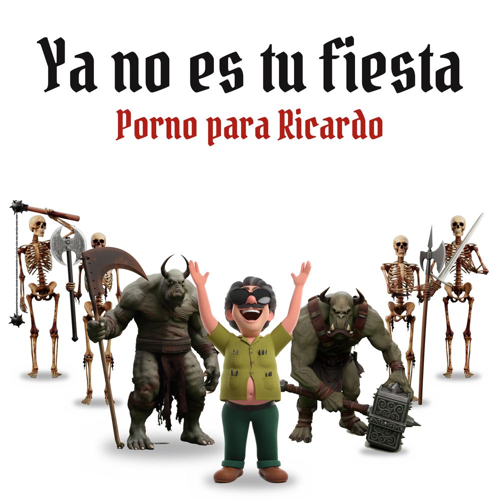Portada del sencillo «Ya no es tu fiesta»: el burócrata con los brazos en alto, dos demonios y cuatro esqueletos armados detrás.